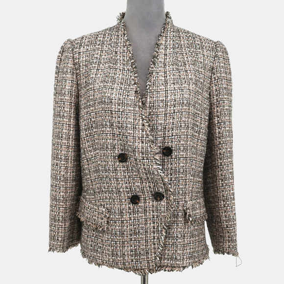 Ann Taylor Jacket Womens 16 Beige Ivory Double Breasted Fringe Lined Blazer - Picture 1 of 16